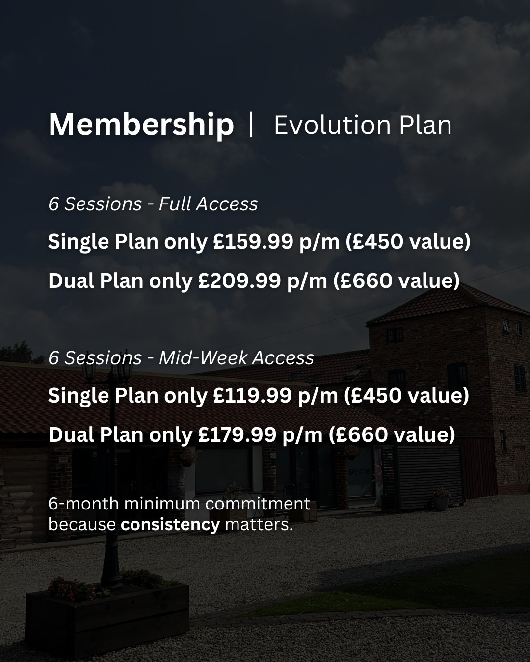 Evolution membership prices. An accessible price table follows this gallery.