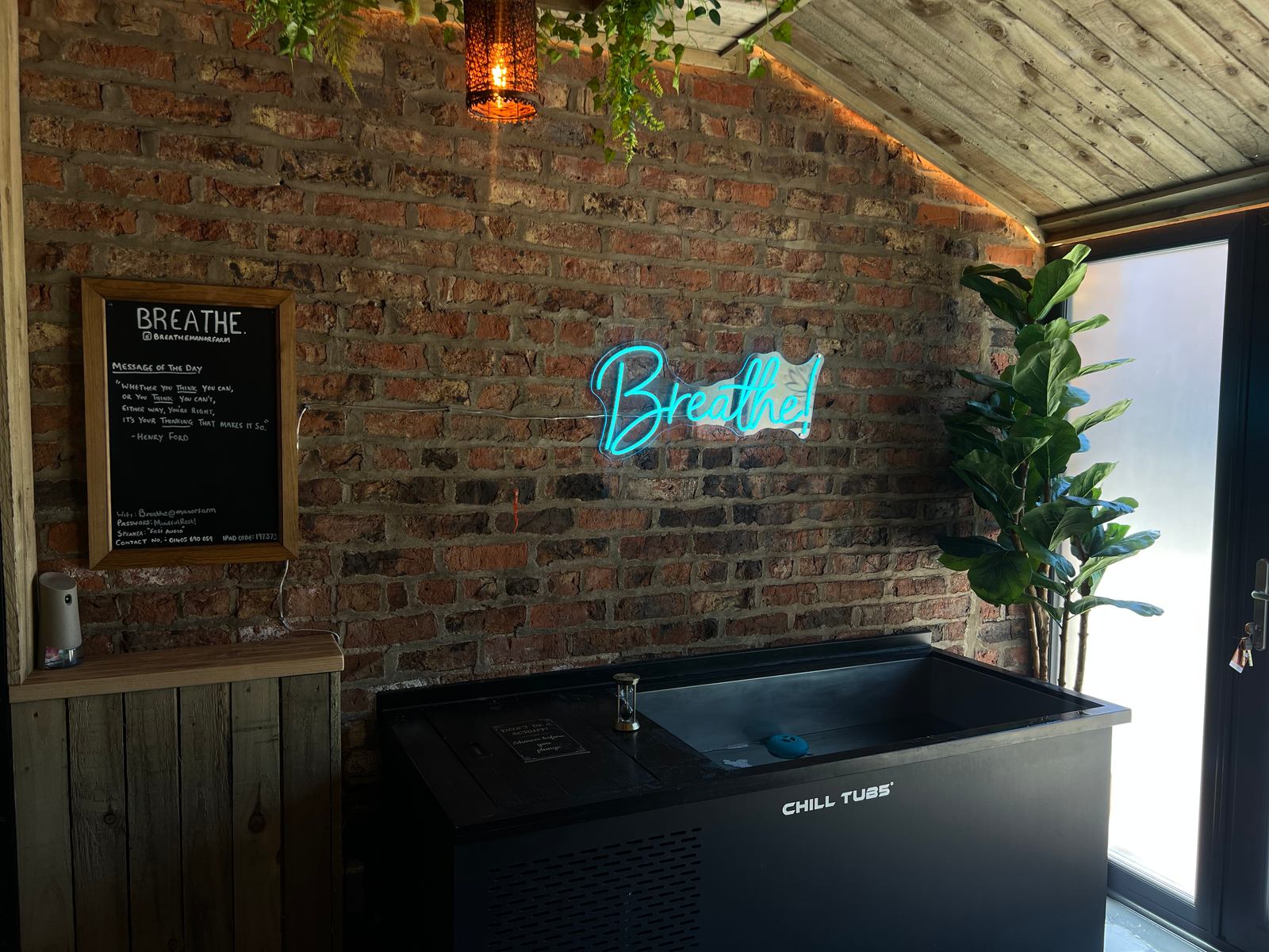 The Forge’s private cold plunge beside exposed brick, greenery and the Breathe sign.